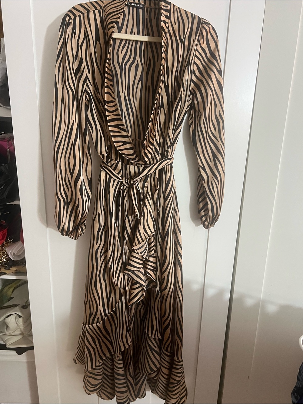 SHEIN Beige and Black Zebra-Print Long Sleeve Wrap Dress